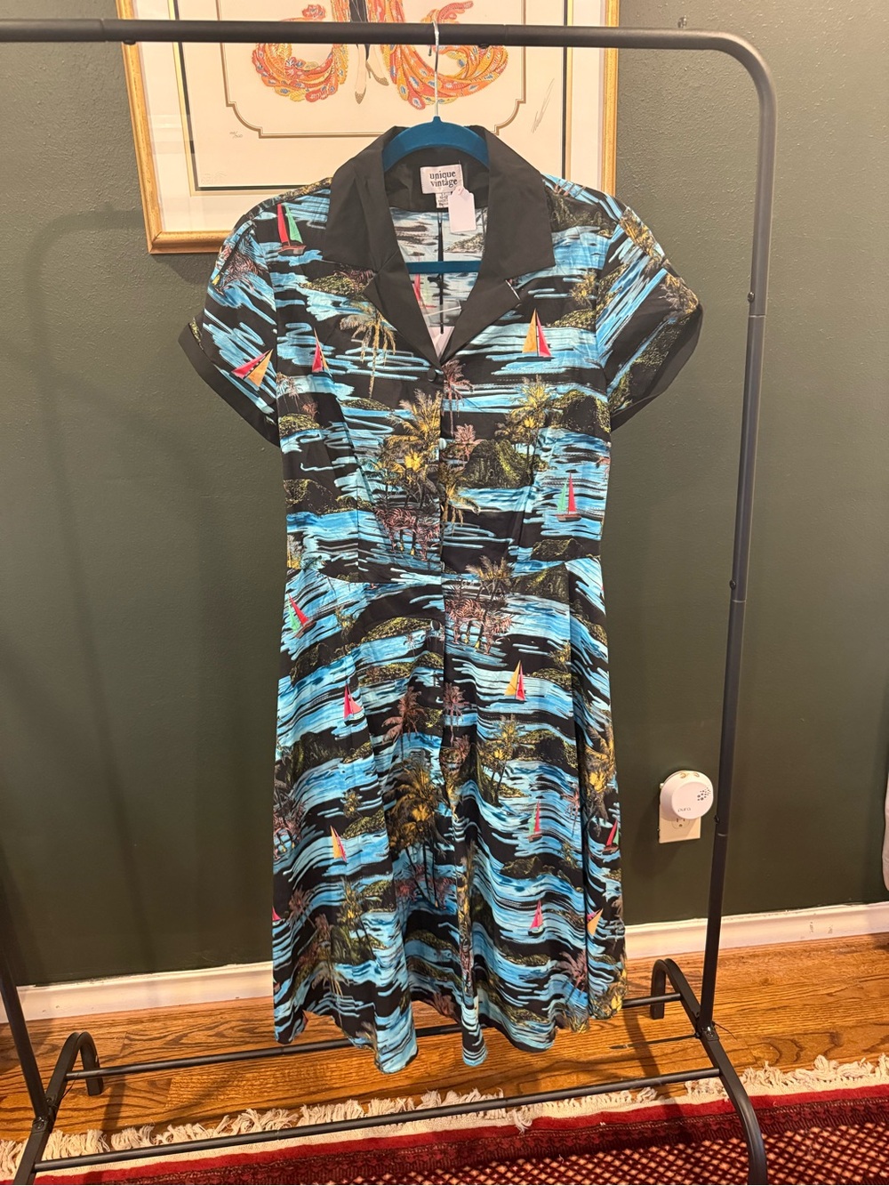 Unique Vintage Black Tropical Sailboat Button-Front Midi Dress
